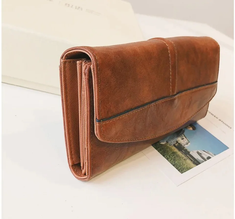 Vintage Trifold Wallet Women Long PU Leather Wallet Female Clutch Purse Hasp Female Phone Bag Girl Card Bags Ladies High Quality