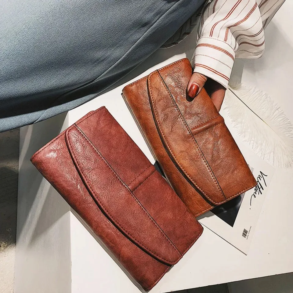 Vintage Trifold Wallet Women Long PU Leather Wallet Female Clutch Purse Hasp Female Phone Bag Girl Card Bags Ladies High Quality