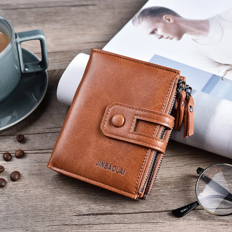 Men Wallets Short PU Leather Double Zipper Hasp Men Purses Card Holder Coin Pocket Vintage High Quality Brand Men Wallets