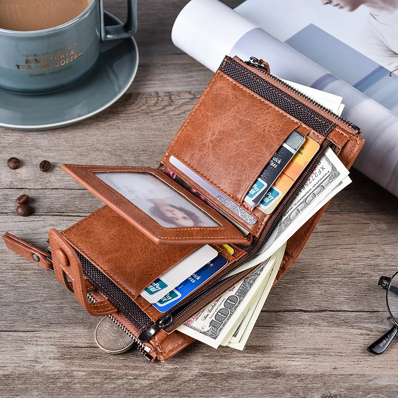Men Wallets Short PU Leather Double Zipper Hasp Men Purses Card Holder Coin Pocket Vintage High Quality Brand Men Wallets