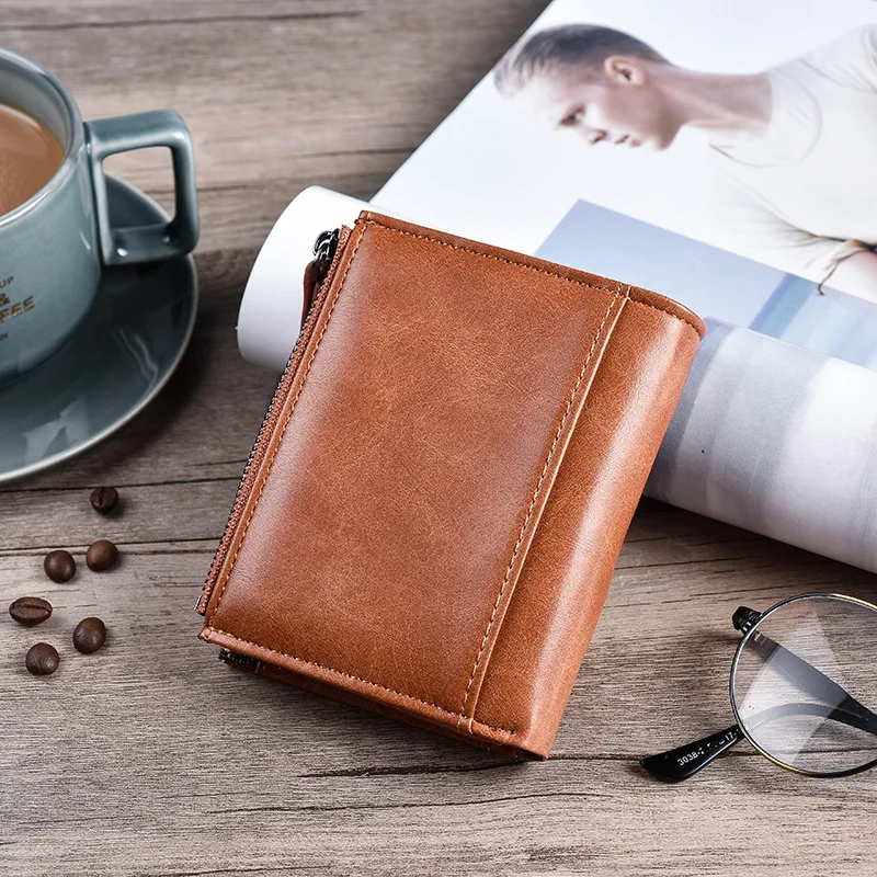 Men Wallets Short PU Leather Double Zipper Hasp Men Purses Card Holder Coin Pocket Vintage High Quality Brand Men Wallets