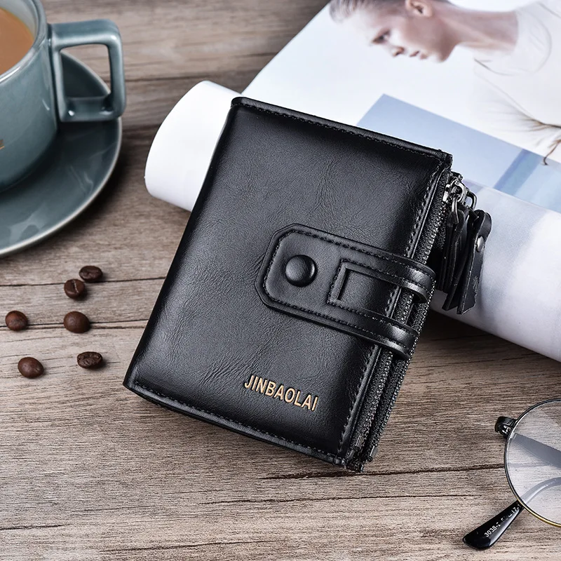 Men Wallets Short PU Leather Double Zipper Hasp Men Purses Card Holder Coin Pocket Vintage High Quality Brand Men Wallets