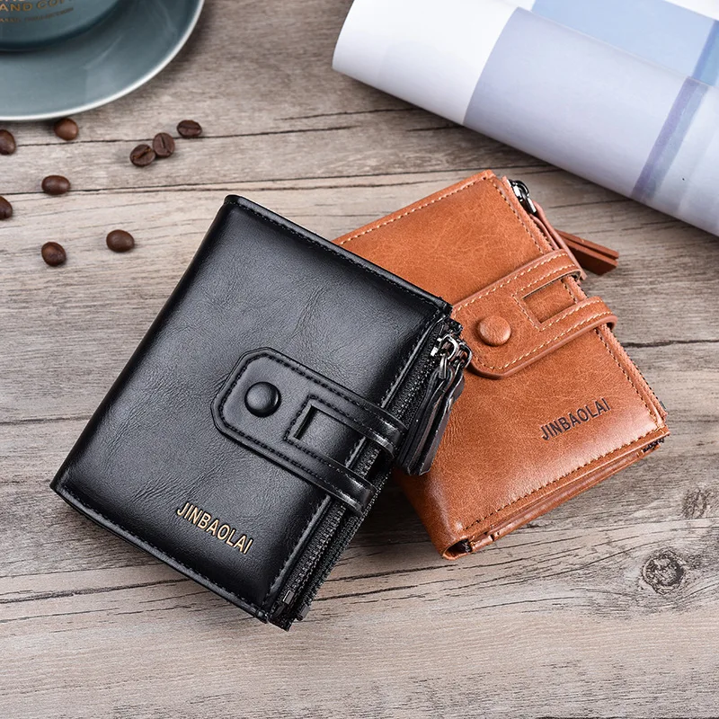 Men Wallets Short PU Leather Double Zipper Hasp Men Purses Card Holder Coin Pocket Vintage High Quality Brand Men Wallets