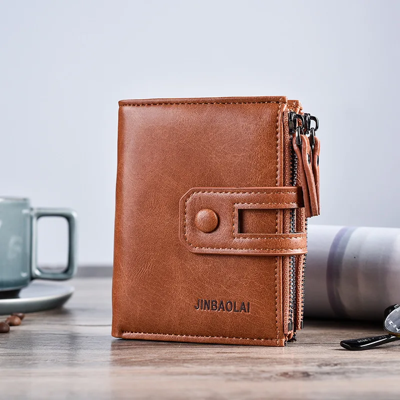 Men Wallets Short PU Leather Double Zipper Hasp Men Purses Card Holder Coin Pocket Vintage High Quality Brand Men Wallets
