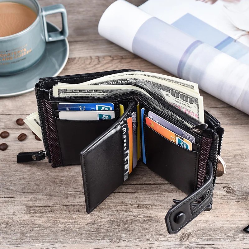 Men Wallets Short PU Leather Double Zipper Hasp Men Purses Card Holder Coin Pocket Vintage High Quality Brand Men Wallets