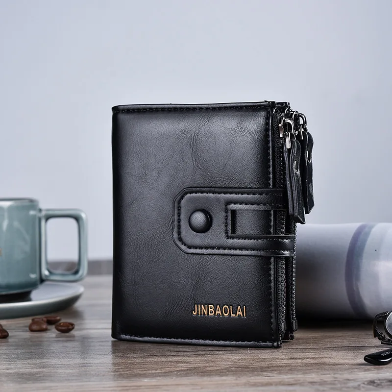 Men Wallets Short PU Leather Double Zipper Hasp Men Purses Card Holder Coin Pocket Vintage High Quality Brand Men Wallets