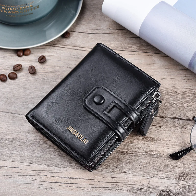 Men Wallets Short PU Leather Double Zipper Hasp Men Purses Card Holder Coin Pocket Vintage High Quality Brand Men Wallets