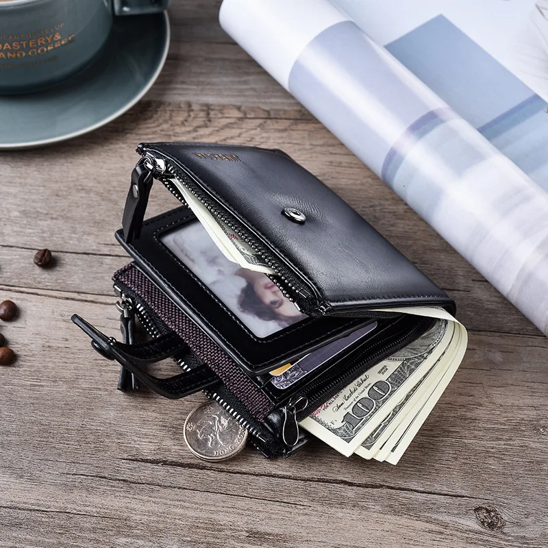 Men Wallets Short PU Leather Double Zipper Hasp Men Purses Card Holder Coin Pocket Vintage High Quality Brand Men Wallets