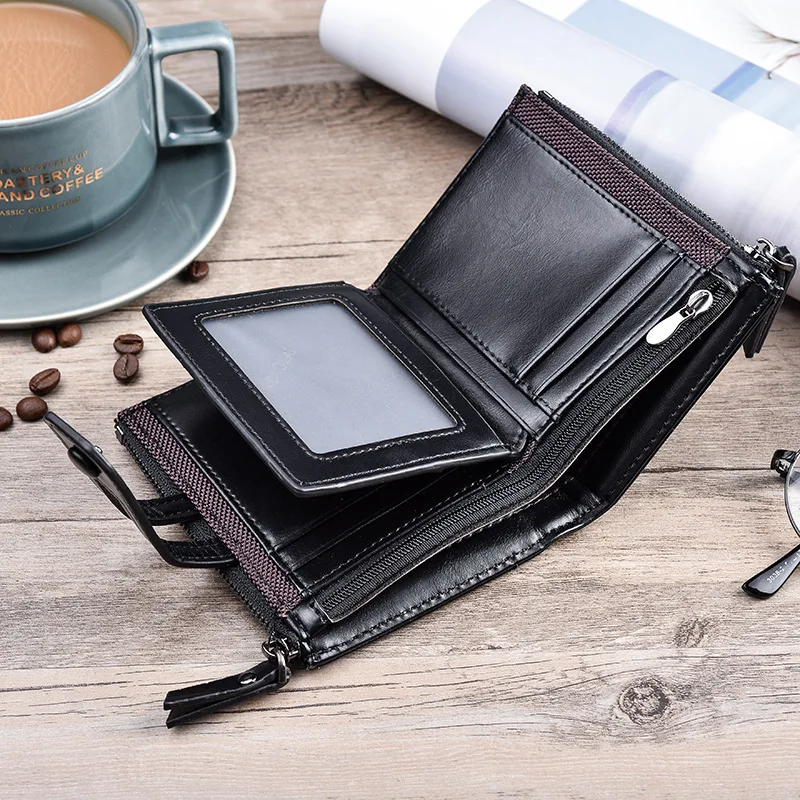 Men Wallets Short PU Leather Double Zipper Hasp Men Purses Card Holder Coin Pocket Vintage High Quality Brand Men Wallets