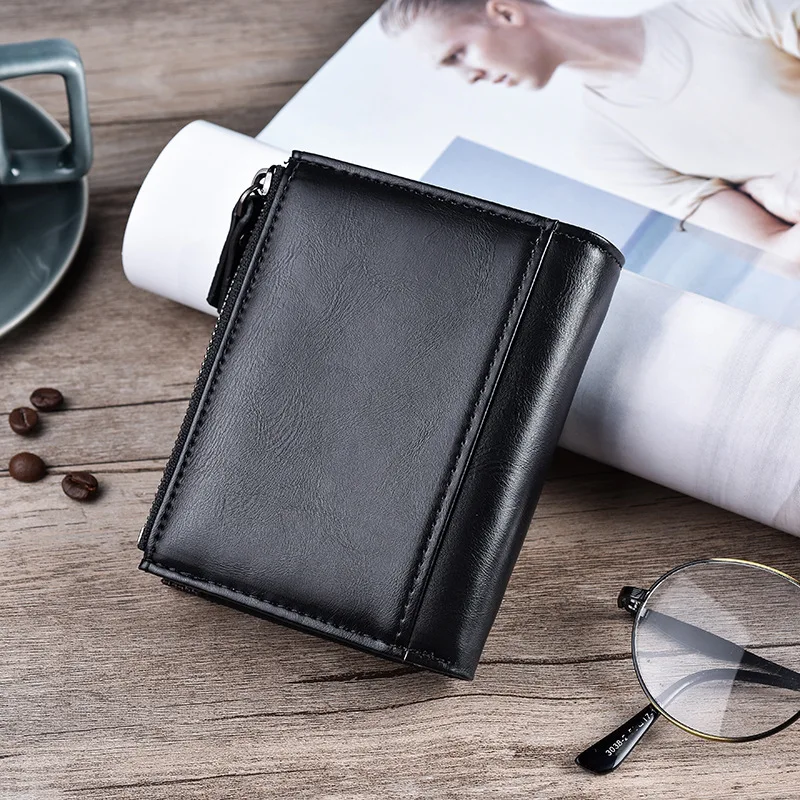 Men Wallets Short PU Leather Double Zipper Hasp Men Purses Card Holder Coin Pocket Vintage High Quality Brand Men Wallets