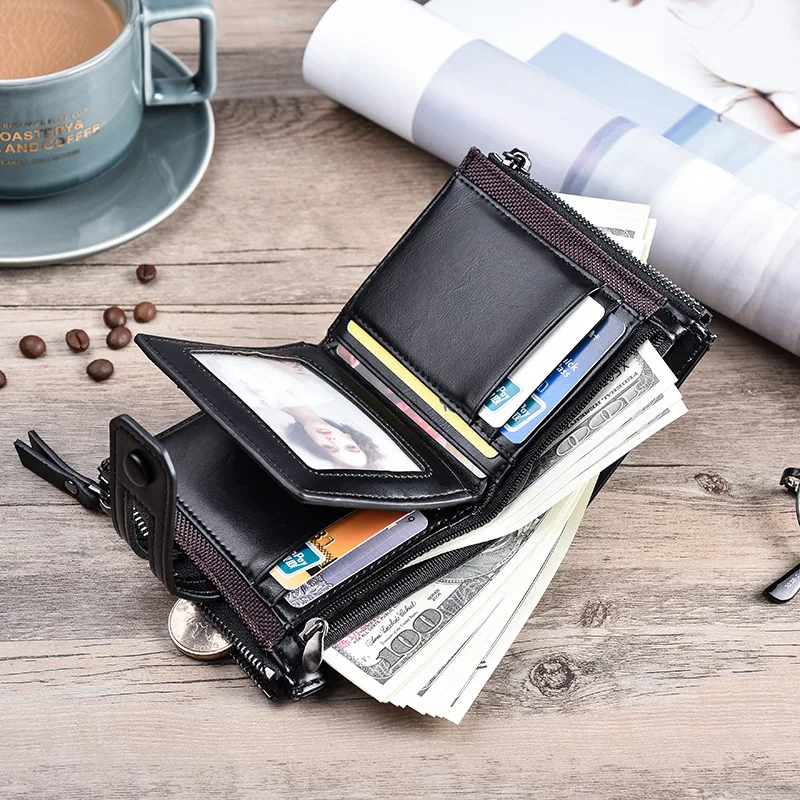 Men Wallets Short PU Leather Double Zipper Hasp Men Purses Card Holder Coin Pocket Vintage High Quality Brand Men Wallets