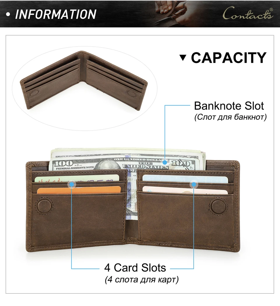 CONTACT'S Genuine Leather Men Wallet Samll Bifold Design Casual Thin Slim Wallets Card Holder Vintage Male Purse Money Clip