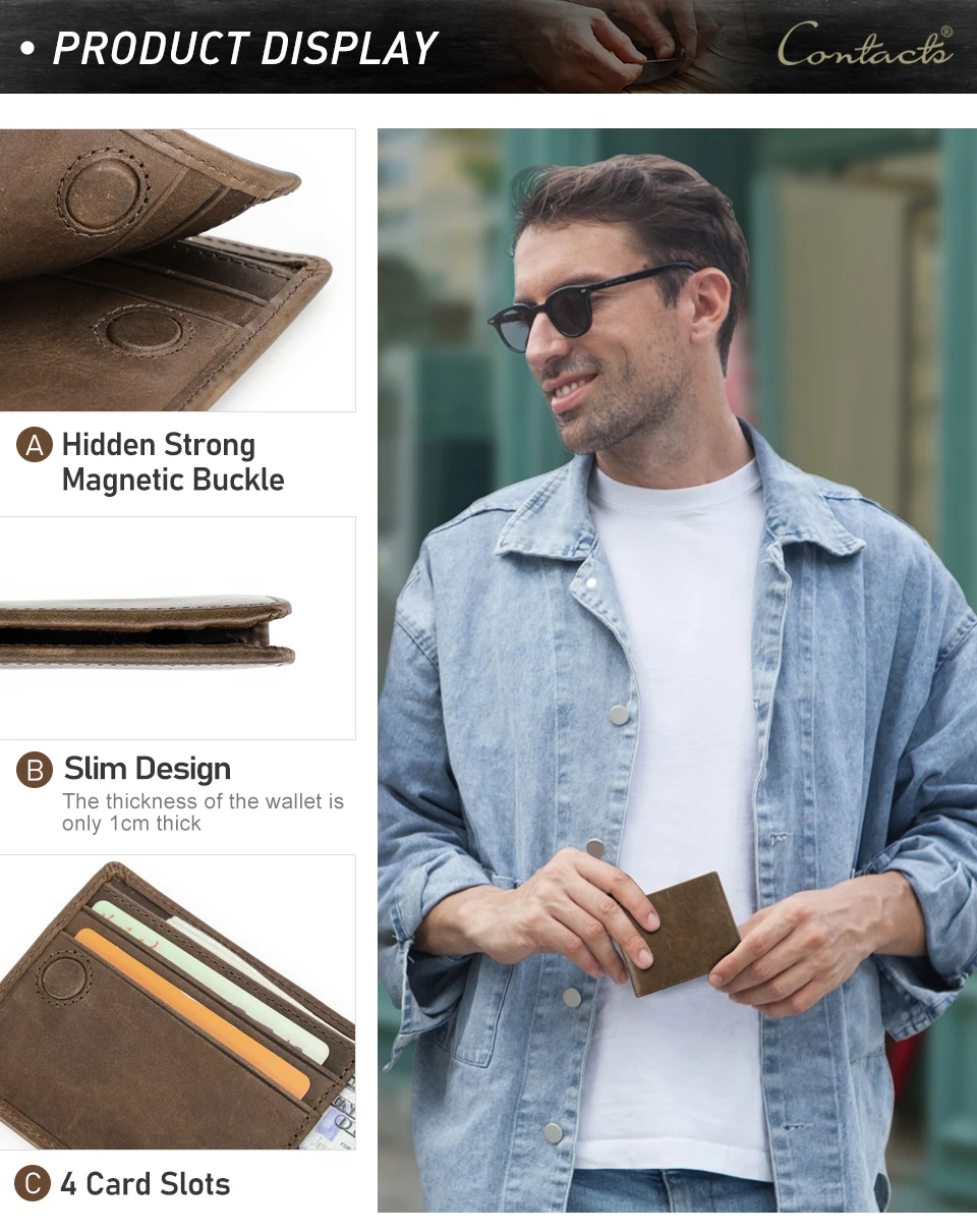 CONTACT'S Genuine Leather Men Wallet Samll Bifold Design Casual Thin Slim Wallets Card Holder Vintage Male Purse Money Clip