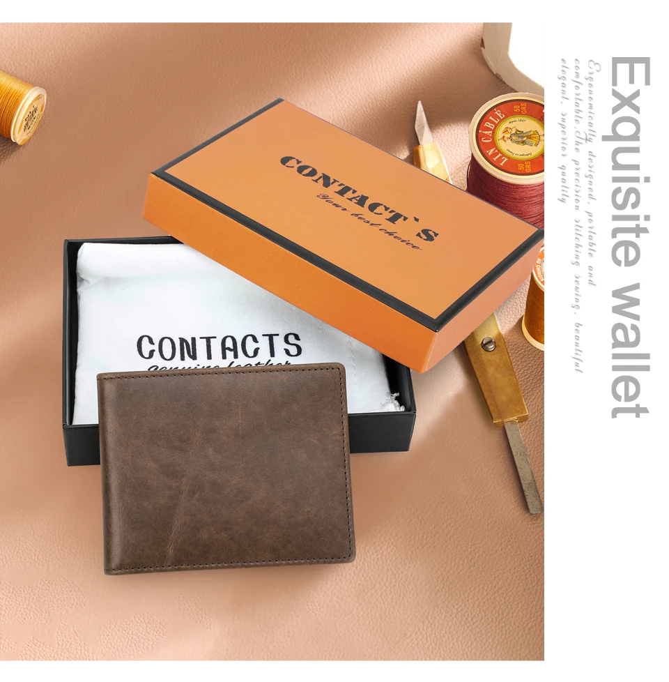 CONTACT'S Genuine Leather Men Wallet Samll Bifold Design Casual Thin Slim Wallets Card Holder Vintage Male Purse Money Clip