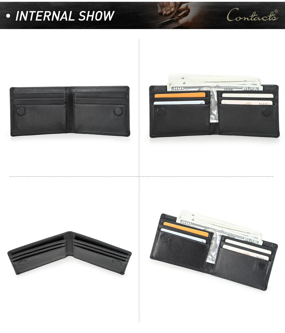 CONTACT'S Genuine Leather Men Wallet Samll Bifold Design Casual Thin Slim Wallets Card Holder Vintage Male Purse Money Clip