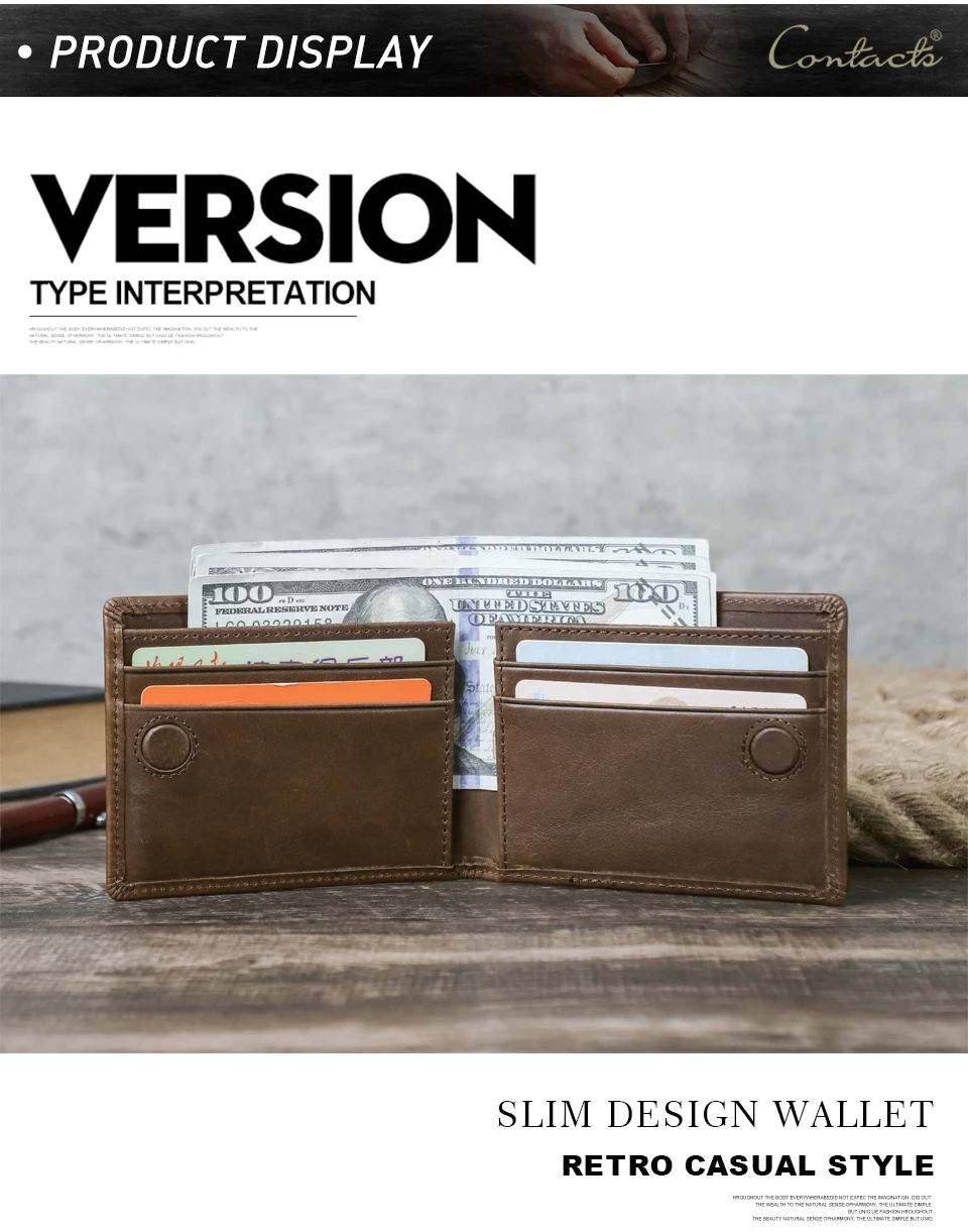 CONTACT'S Genuine Leather Men Wallet Samll Bifold Design Casual Thin Slim Wallets Card Holder Vintage Male Purse Money Clip