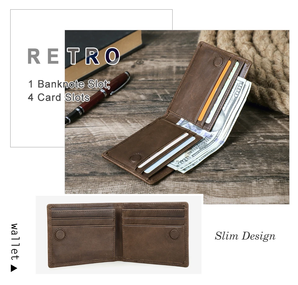 CONTACT'S Genuine Leather Men Wallet Samll Bifold Design Casual Thin Slim Wallets Card Holder Vintage Male Purse Money Clip