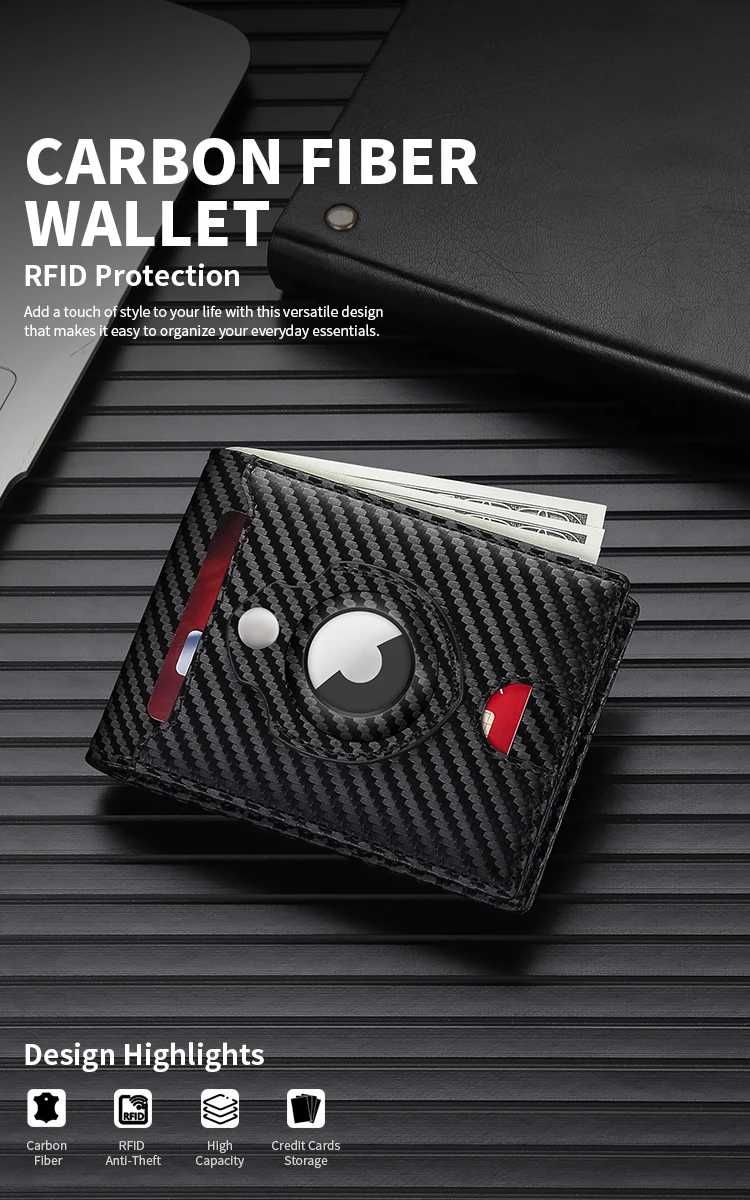 GERUOLA Men'S Ultra-Thin Wallet with Apple Airtag Holder - RFID Blocking, Carbon Fiber Texture, Minimalist Design, Multiple Card