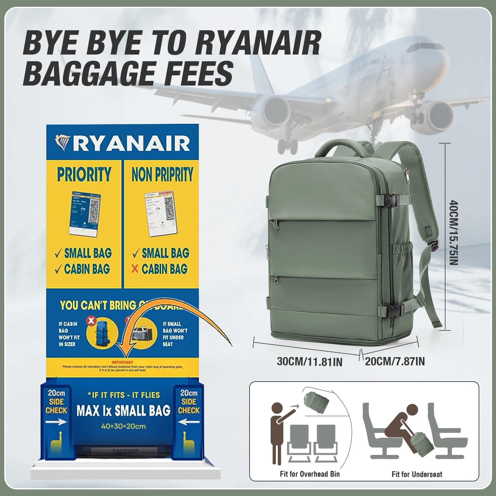 Hand Luggage Ryanair 40x30x20 Travel Backpack Carry-on Bag Aircraft Cabin max wizz air Backpack, Women's Men's Notebook Backpack