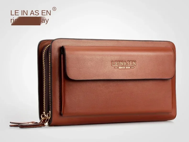 Luxury Men's Wallet with Double Zipper & Money Clip Large Capacity RFID Blocking Clutch Bag for Phone/Cards/Coins Purse for Men
