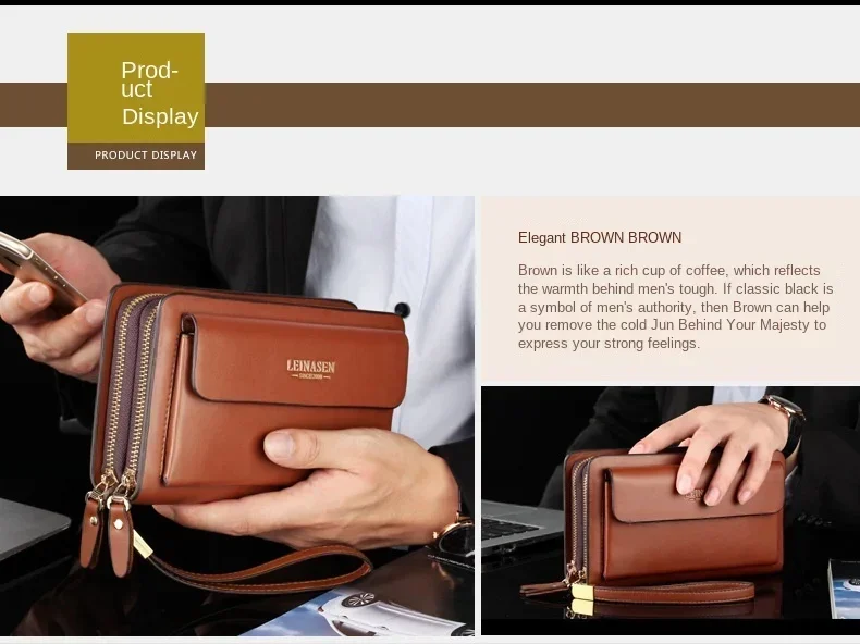 Luxury Men's Wallet with Double Zipper & Money Clip Large Capacity RFID Blocking Clutch Bag for Phone/Cards/Coins Purse for Men