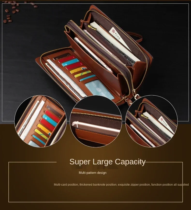 Luxury Men's Wallet with Double Zipper & Money Clip Large Capacity RFID Blocking Clutch Bag for Phone/Cards/Coins Purse for Men