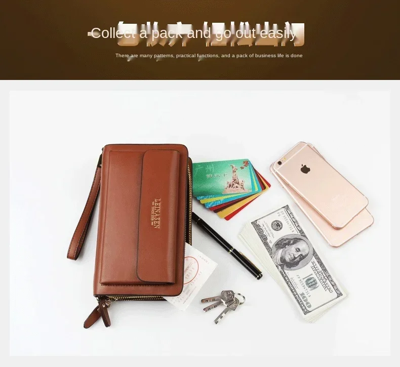 Luxury Men's Wallet with Double Zipper & Money Clip Large Capacity RFID Blocking Clutch Bag for Phone/Cards/Coins Purse for Men