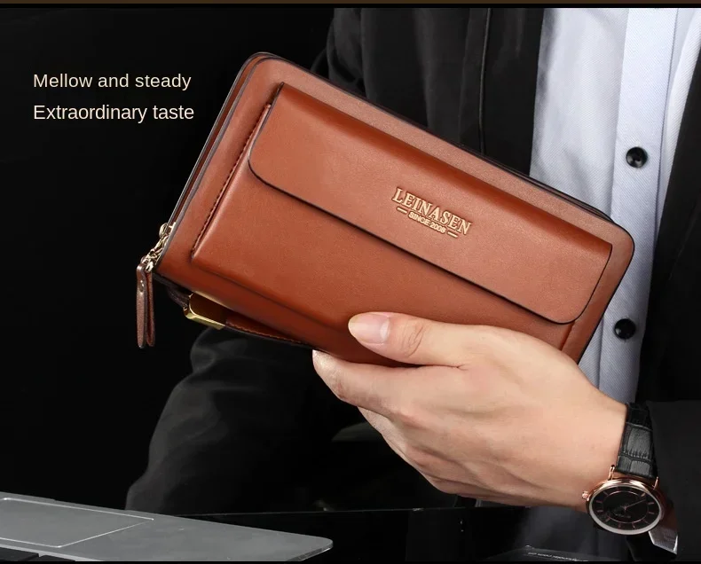 Luxury Men's Wallet with Double Zipper & Money Clip Large Capacity RFID Blocking Clutch Bag for Phone/Cards/Coins Purse for Men