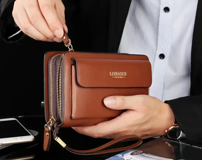 Luxury Men's Wallet with Double Zipper & Money Clip Large Capacity RFID Blocking Clutch Bag for Phone/Cards/Coins Purse for Men