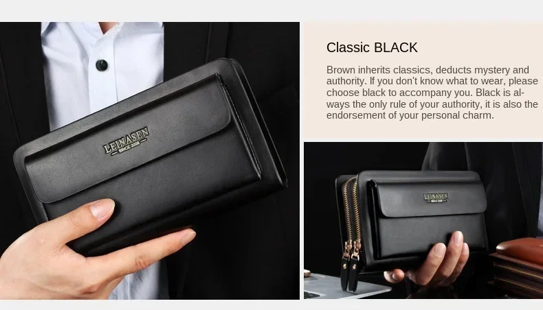 Luxury Men's Wallet with Double Zipper & Money Clip Large Capacity RFID Blocking Clutch Bag for Phone/Cards/Coins Purse for Men