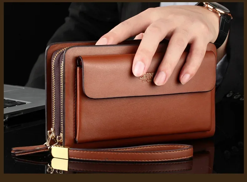 Luxury Men's Wallet with Double Zipper & Money Clip Large Capacity RFID Blocking Clutch Bag for Phone/Cards/Coins Purse for Men
