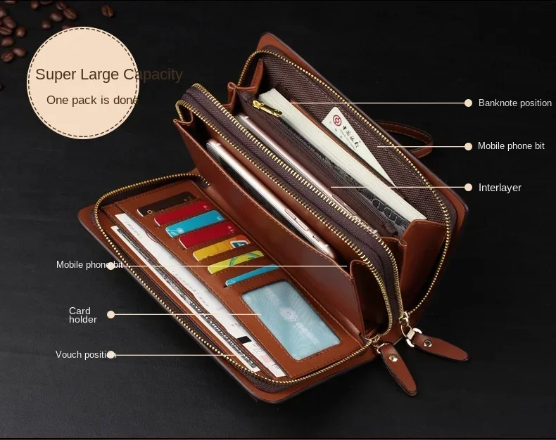 Luxury Men's Wallet with Double Zipper & Money Clip Large Capacity RFID Blocking Clutch Bag for Phone/Cards/Coins Purse for Men
