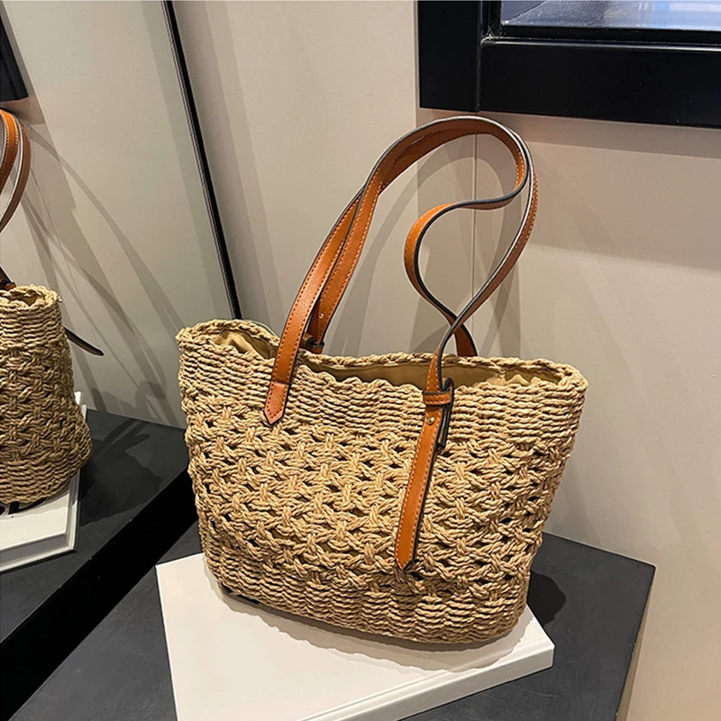 Designer Casual Rattan Wicker Tote Bag Large Capacity Woven Women's Summer Beach Straw Handbag Lady Travel Big Basket