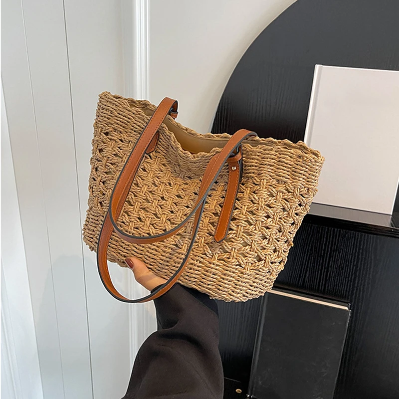Designer Casual Rattan Wicker Tote Bag Large Capacity Woven Women's Summer Beach Straw Handbag Lady Travel Big Basket