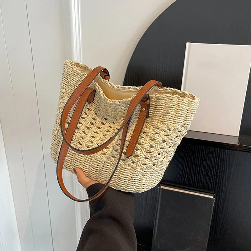 Designer Casual Rattan Wicker Tote Bag Large Capacity Woven Women's Summer Beach Straw Handbag Lady Travel Big Basket