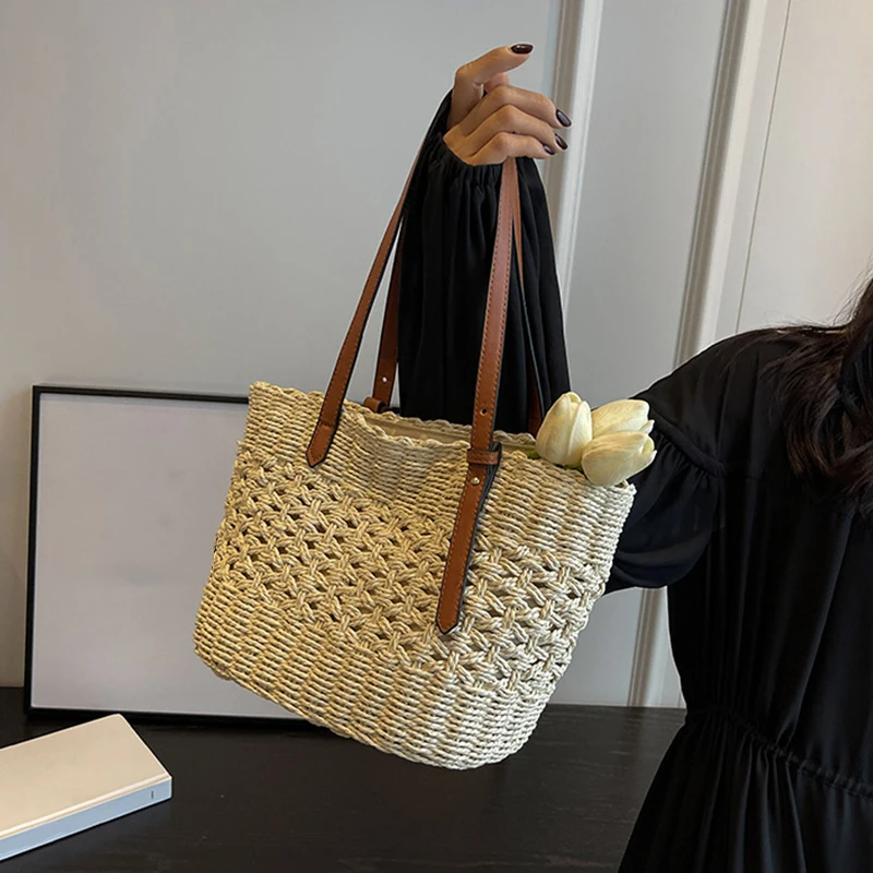Designer Casual Rattan Wicker Tote Bag Large Capacity Woven Women's Summer Beach Straw Handbag Lady Travel Big Basket