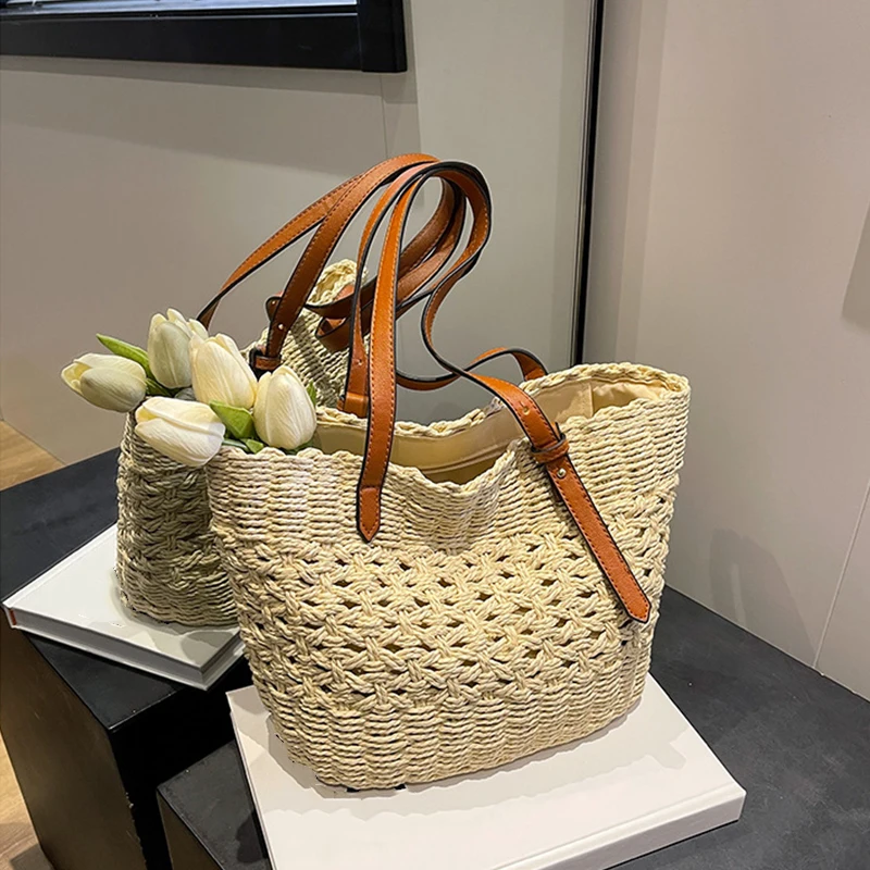 Designer Casual Rattan Wicker Tote Bag Large Capacity Woven Women's Summer Beach Straw Handbag Lady Travel Big Basket