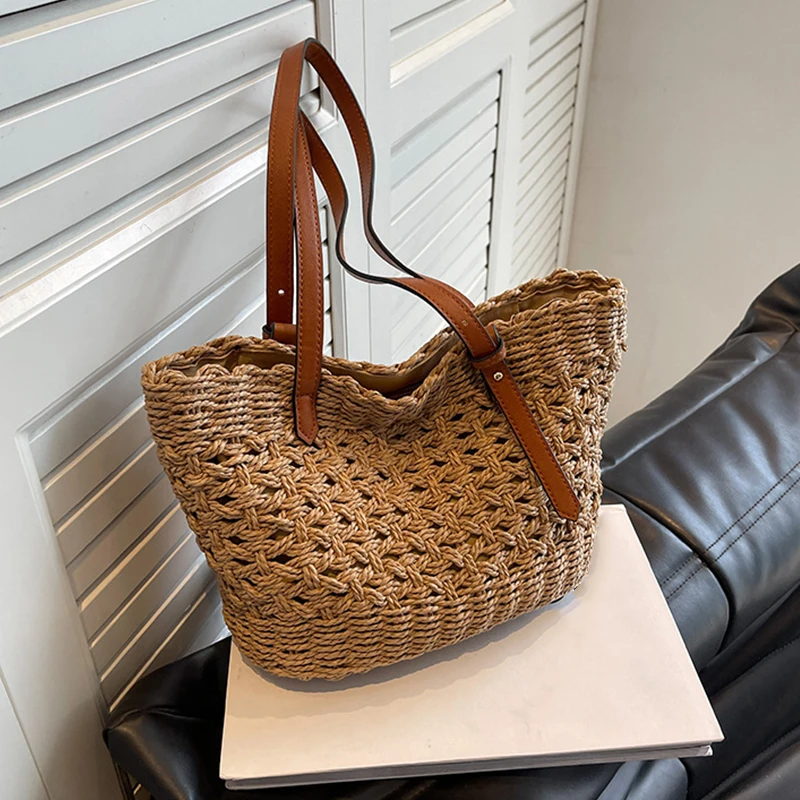 Designer Casual Rattan Wicker Tote Bag Large Capacity Woven Women's Summer Beach Straw Handbag Lady Travel Big Basket