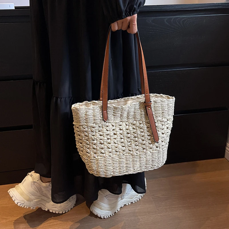 Designer Casual Rattan Wicker Tote Bag Large Capacity Woven Women's Summer Beach Straw Handbag Lady Travel Big Basket