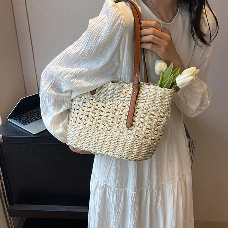 Designer Casual Rattan Wicker Tote Bag Large Capacity Woven Women's Summer Beach Straw Handbag Lady Travel Big Basket