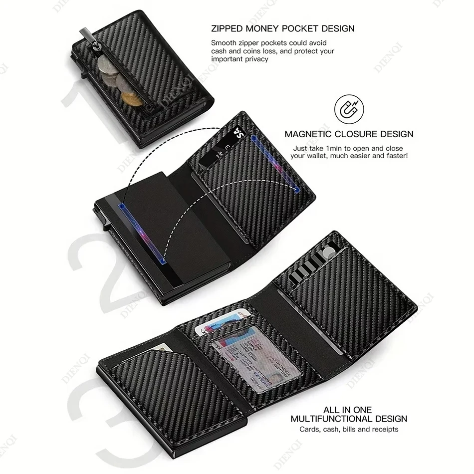 Rfid Wallet Credit Card Holder Luxury Business ID Holder Card Slim Pop Up Metal Minimalist Wallet Smart Money Bags with Zipper