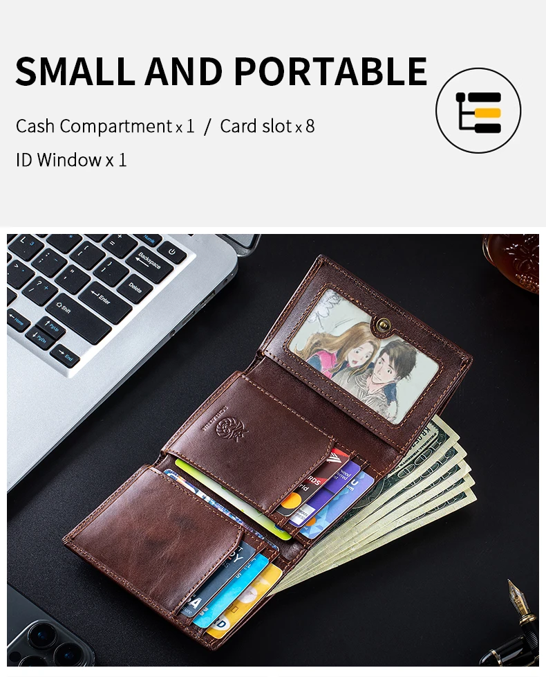 RFID Blocking Genuine Leather Wallet for Men Vintage Thin Trifold Credit Card Holder With ID Window Bill Compartment