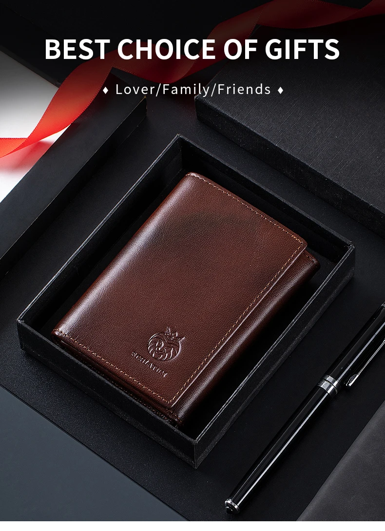 RFID Blocking Genuine Leather Wallet for Men Vintage Thin Trifold Credit Card Holder With ID Window Bill Compartment