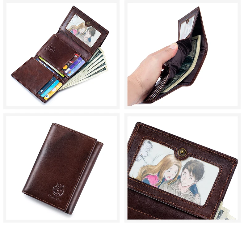 RFID Blocking Genuine Leather Wallet for Men Vintage Thin Trifold Credit Card Holder With ID Window Bill Compartment