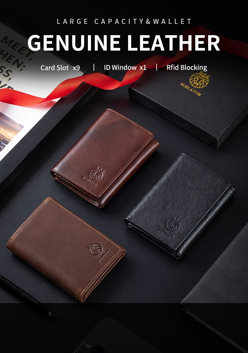 RFID Blocking Genuine Leather Wallet for Men Vintage Thin Trifold Credit Card Holder With ID Window Bill Compartment