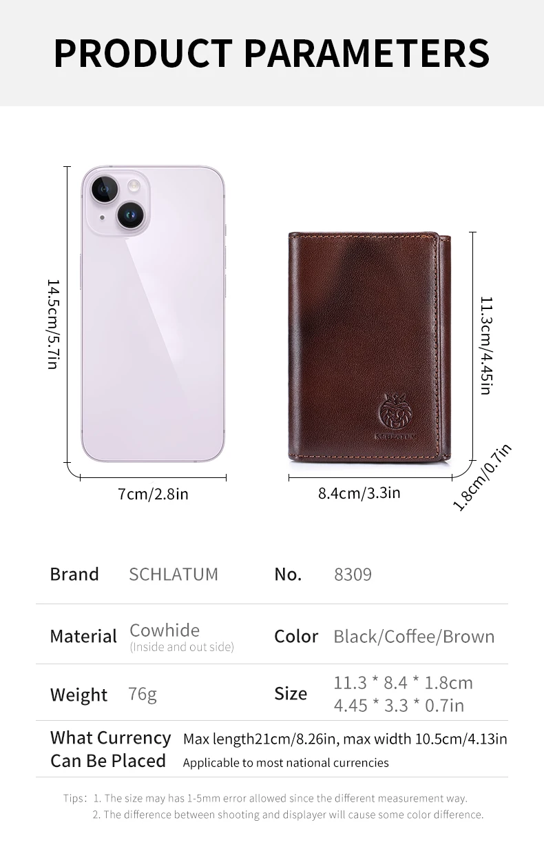 RFID Blocking Genuine Leather Wallet for Men Vintage Thin Trifold Credit Card Holder With ID Window Bill Compartment