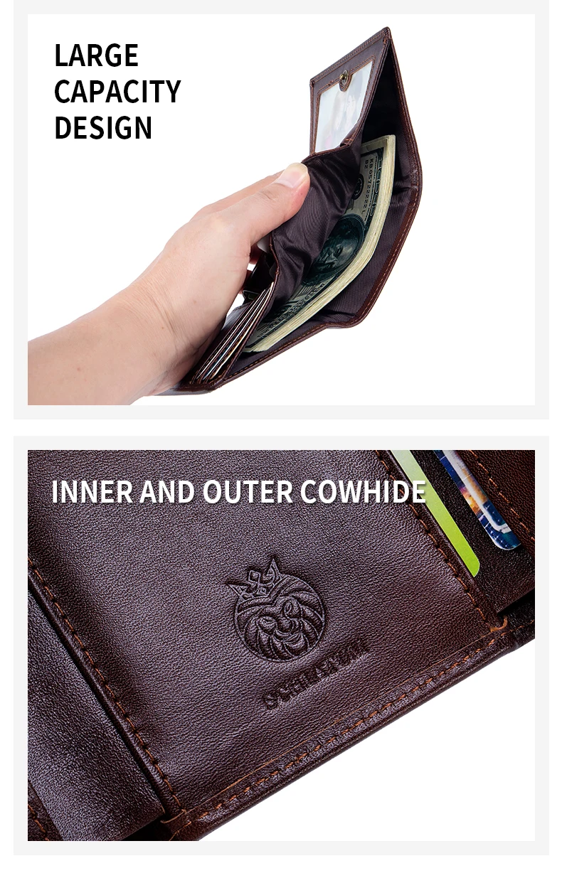 RFID Blocking Genuine Leather Wallet for Men Vintage Thin Trifold Credit Card Holder With ID Window Bill Compartment