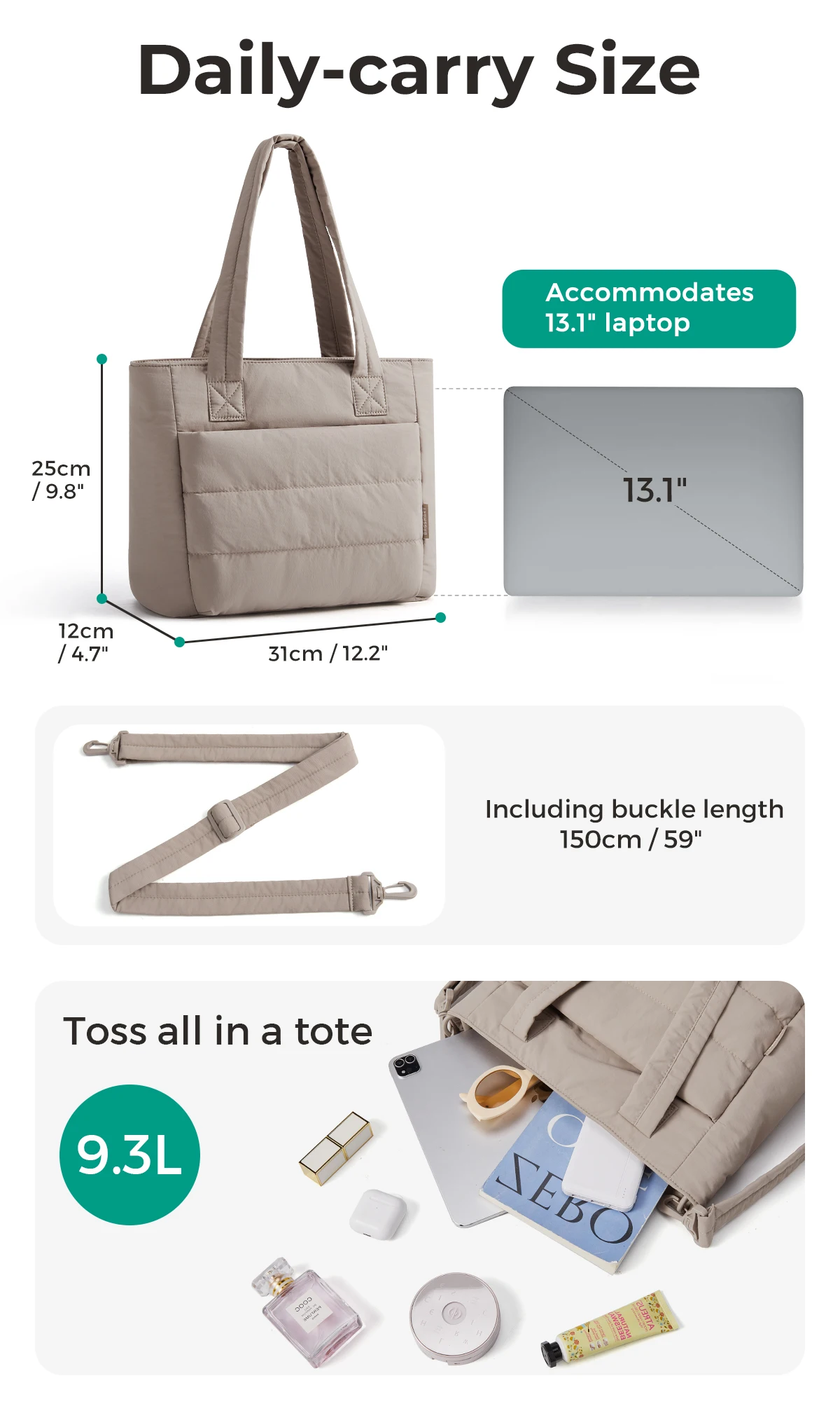 BAGSMART Women’s Tote Bag Padded Single Shoulder Bag Large Capacity Student College Crossbody Bag Casual Outdoor Handbag