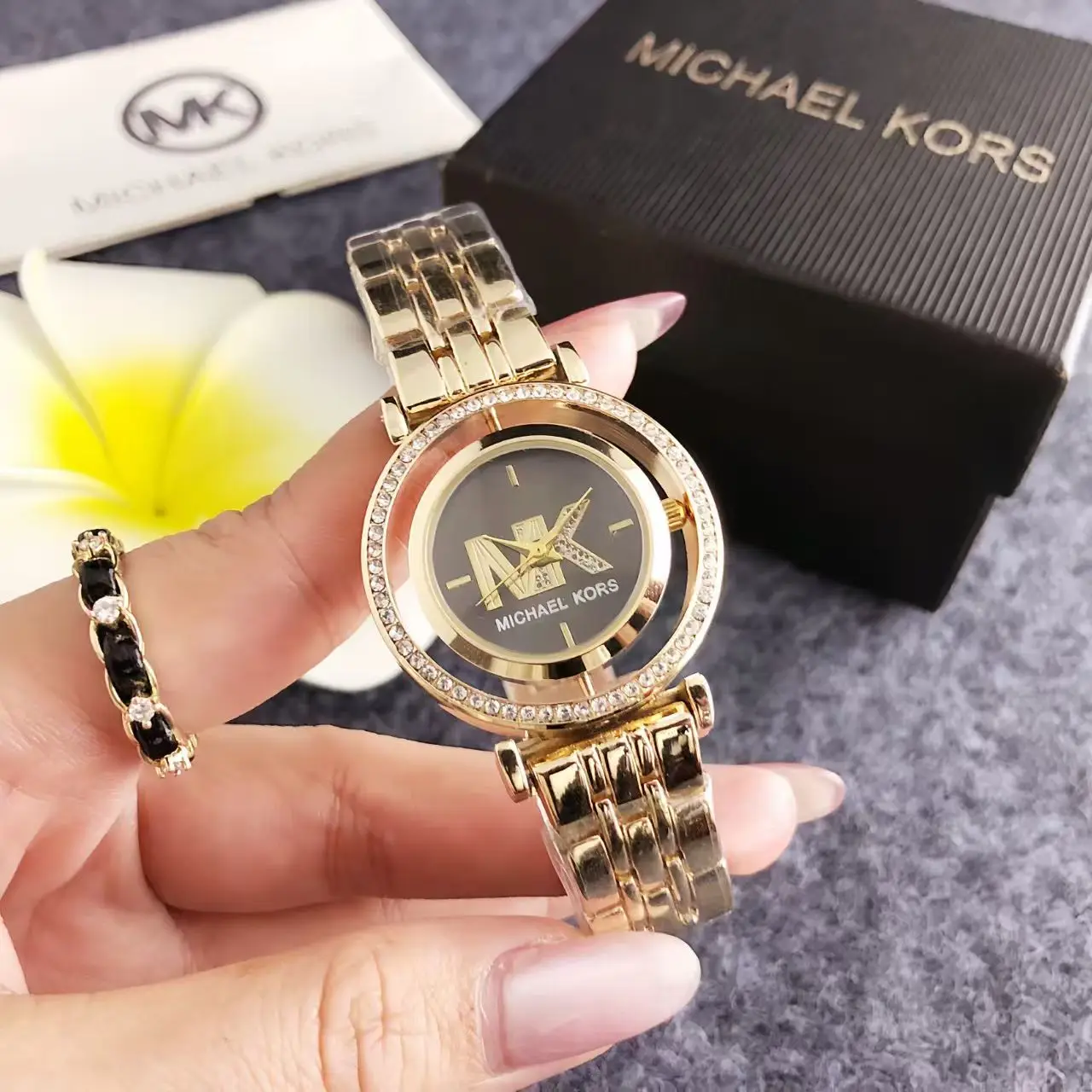 Michael Kors Women's Diamond Studded Watch Bag, Hollowed out Rotating MK Classic Watch Wallet, Exquisite Gift for Girlfriend
