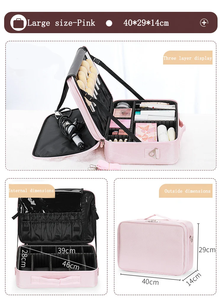 Large Capacity Makeup Case - 3 Sizes Cosmetic Organizer Brush Bag Barber Train Case for Makeup Artists Hair Cutter Sets